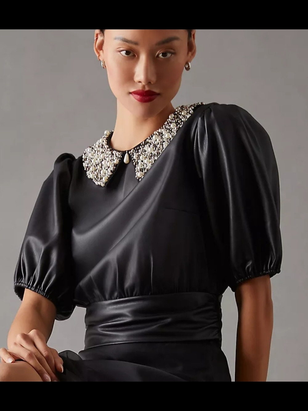 Maeve Black Pearl-Embellished Collar Puff-Sleeve Top